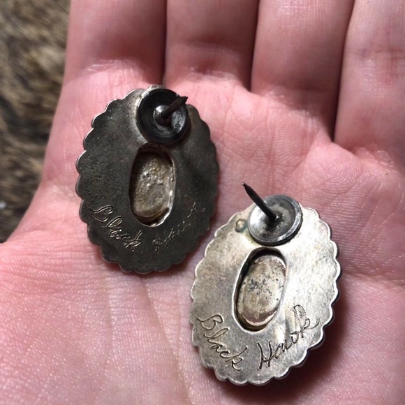 Old pawn handmade signed sterling silver Native American turquoise post earrings
